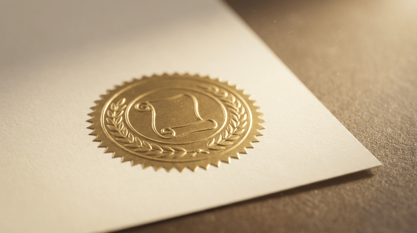 Embossed certification seal on cream document with volumetric lighting and dust particles in shallow focus. Embossed certification seal on cream document with volumetric lighting and dust particles in shallow focus.